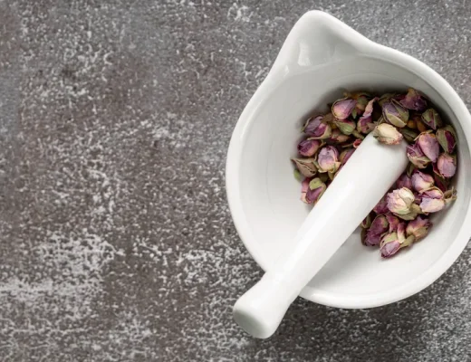 Porzellanmörser mit Stößel und getrockneten Blüten – Gewürze und Kräuter im weißen Mörser