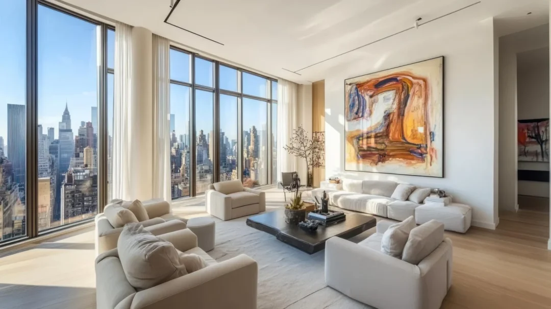 Luxuriöses New Yorker Penthouse mit bodentiefen Fenstern und Blick über die Skyline von Manhattan