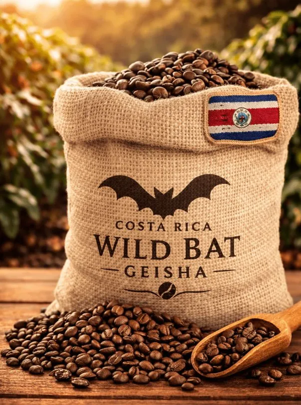 Ger&ouml;stete Wild-Bat-Geisha-Kaffeebohnen aus Costa Rica vor einem Jutesack