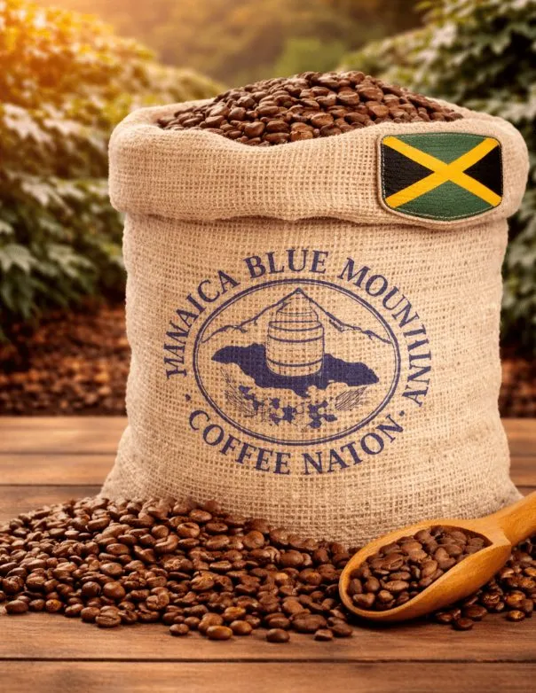 Ger&ouml;stete Jamaica-Blue-Mountain-Kaffeebohnen vor einem Jutesack mit jamaikanischer Flagge