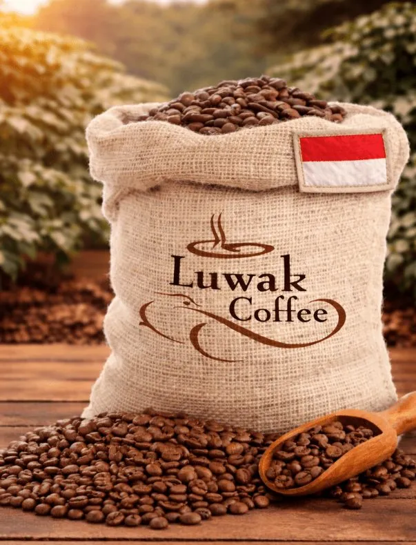 Ger&ouml;stete Kona-Kaffeebohnen vor einem Jutesack mit Hawaii-Aufdruck