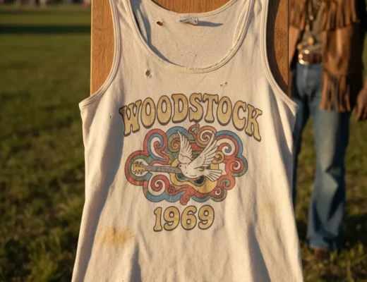 Eines der teuersten T-Shirts - Vintage Woodstock Tank Top von 1969 mit farbigem Peace- und Gitarrenmotiv.