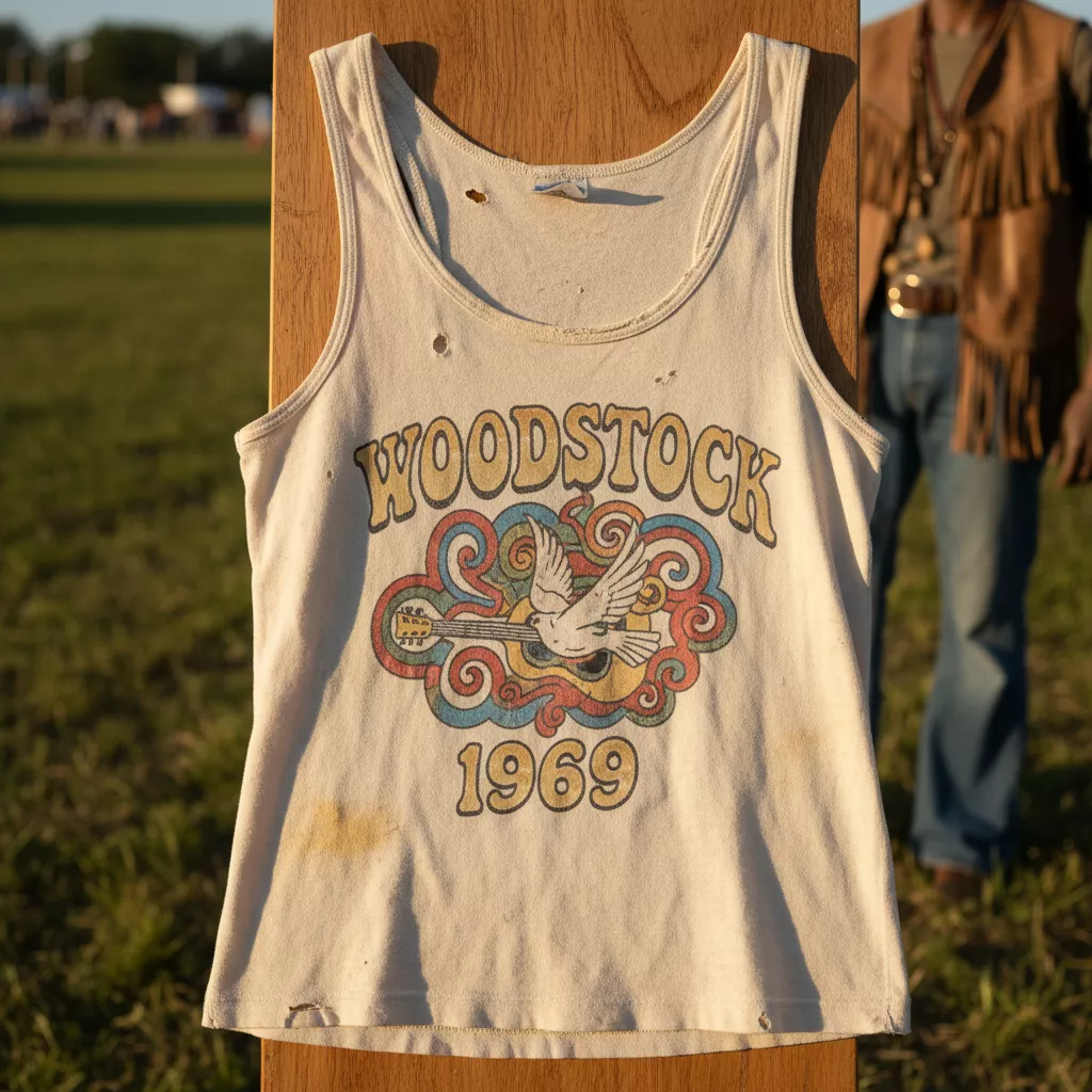 Eines der teuersten T-Shirts - Vintage Woodstock Tank Top von 1969 mit farbigem Peace- und Gitarrenmotiv.