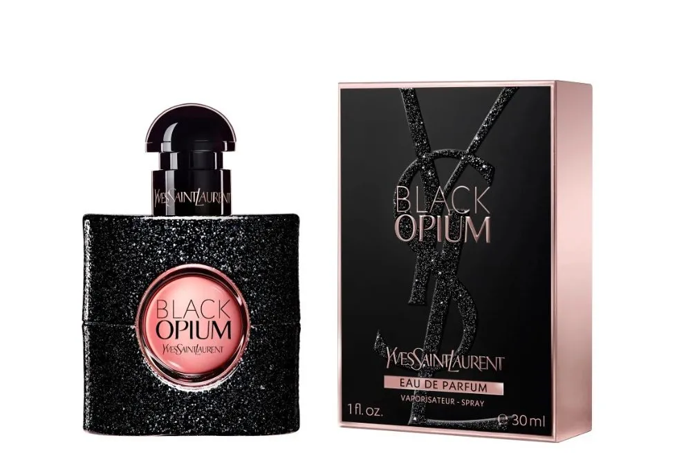 YSL Black Opium EdP, 30 ml – schwarzer Glitzerflakon mit rosa Fenster und passende Box; moderner, gourmand-orientalischer Damenduft.
