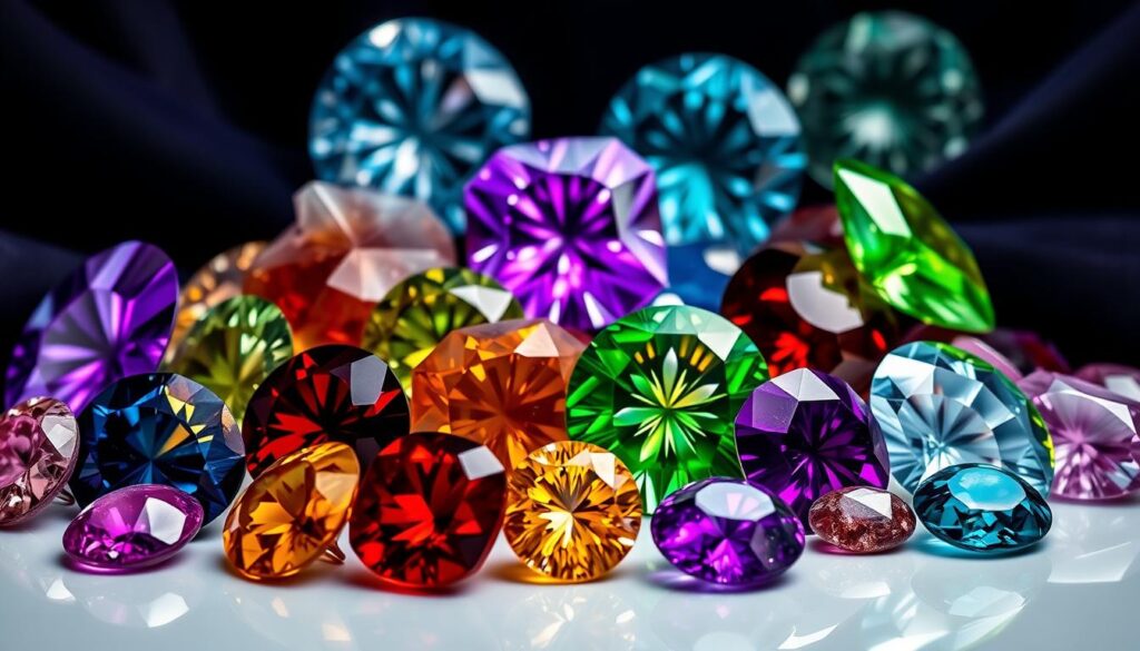 Eine strahlende Anordnung berühmter Edelsteine, die die leuchtenden Farben und einzigartigen Schliffe jedes Steins zur Geltung bringt, funkelnd auf einem dunklen Samthintergrund, mit kunstvollen Reflexionen und Schatten, die ihre Brillanz hervorheben.