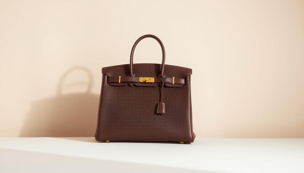 Eine luxuriöse Hermès-Birkin-Tasche, elegant vor einem weichen, dezenten Hintergrund präsentiert, die ihre makellose Handwerkskunst, die reiche Ledertextur und die ikonische Silhouette hervorhebt. Die Tasche ist mit dezentem goldfarbenem Beschlag verziert, der zeitlose Raffinesse und den Reiz der High Fashion verkörpert.