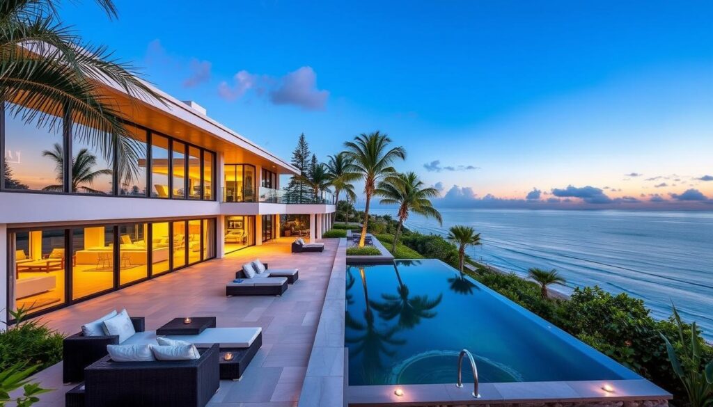 Ein atemberaubendes Luxusobjekt mit moderner Architektur: große Glasfenster mit Panoramablick auf den Ozean, umgeben von üppiger tropischer Bepflanzung, ein Infinity-Pool, der den Sonnenuntergang widerspiegelt, stilvolle Outdoor-Möbel und elegante Beleuchtung, gelegen in einer exklusiven Küstengegend.