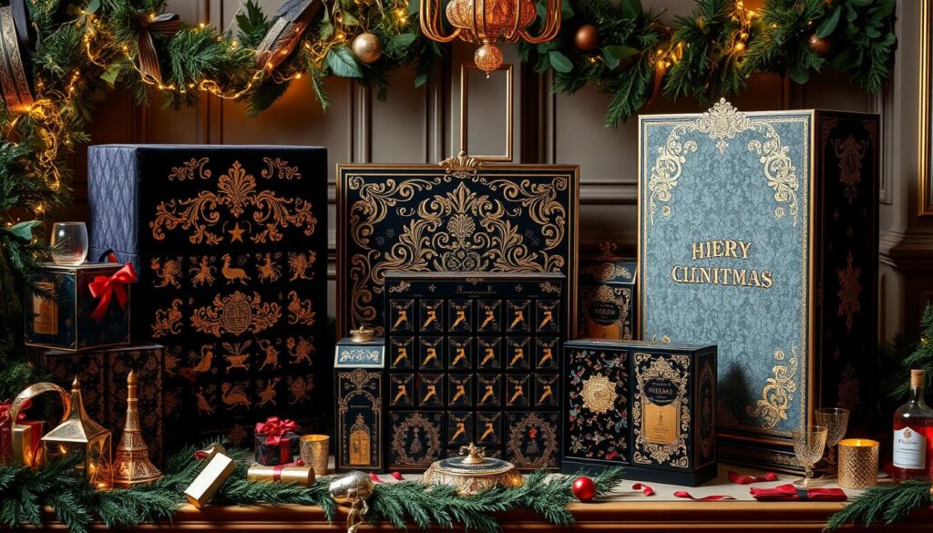 Eine Sammlung luxuriöser Adventskalender, die in einer eleganten Umgebung präsentiert werden. Die Kalender bestehen aus exquisiten Materialien wie Samt und Seide und sind mit filigranen goldenen Akzenten und Verzierungen geschmückt. Umgeben von festlichen Dekorationen wie funkelnden Lichtern und üppigem Grün, wird die opulente Atmosphäre durch sanftes Umgebungslicht zusätzlich hervorgehoben.