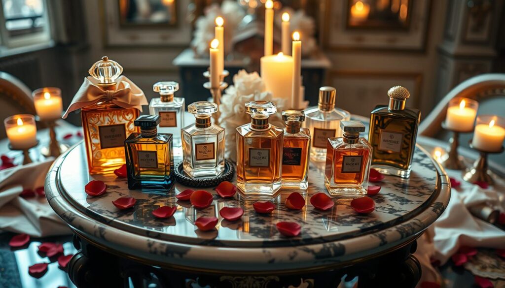 Die teuersten Parfums – luxuriöse Flakons auf einem Marmortisch, umgeben von Kerzen und Rosenblättern in elegantem Ambiente