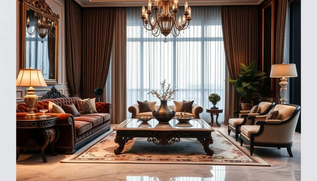 Ein prunkvolles Wohnzimmer mit eleganten Luxusmöbeln, darunter ein weiches Samtsofa, ein kunstvoll geschnitzter Holztisch und Marmordekor. Das Zimmer ist in sanftes Umgebungslicht getaucht, umgeben von opulenten Vorhängen und reichen Textilien. Es zeigt eine harmonische Mischung aus modernen und klassischen Designelementen.