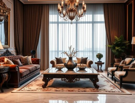 Ein prunkvolles Wohnzimmer mit eleganten Luxusmöbeln, darunter ein weiches Samtsofa, ein kunstvoll geschnitzter Holztisch und Marmordekor. Das Zimmer ist in sanftes Umgebungslicht getaucht, umgeben von opulenten Vorhängen und reichen Textilien. Es zeigt eine harmonische Mischung aus modernen und klassischen Designelementen.