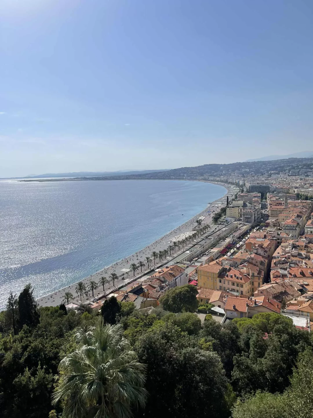 Côte d’Azur Hotspots in Nizza: Ausblick auf die Promenade des Anglais mit Palmen, Meer und mediterranem Riviera-Flair.