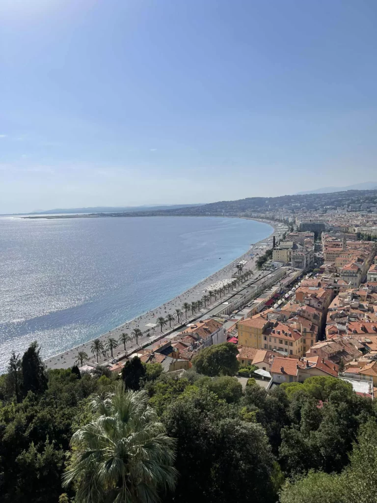 Côte d’Azur Hotspots in Nizza: Ausblick auf die Promenade des Anglais mit Palmen, Meer und mediterranem Riviera-Flair.