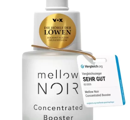 Mellow Noir Concentrated Booster – straffendes Serum mit Hyaluron und Kaffeeöl, bekannt aus „Die Höhle der Löwen“, vegane Naturkosmetik in Glasflakon.