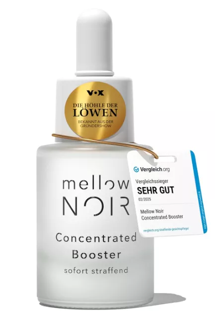 Mellow Noir Concentrated Booster – straffendes Serum mit Hyaluron und Kaffeeöl, bekannt aus „Die Höhle der Löwen“, vegane Naturkosmetik in Glasflakon.
