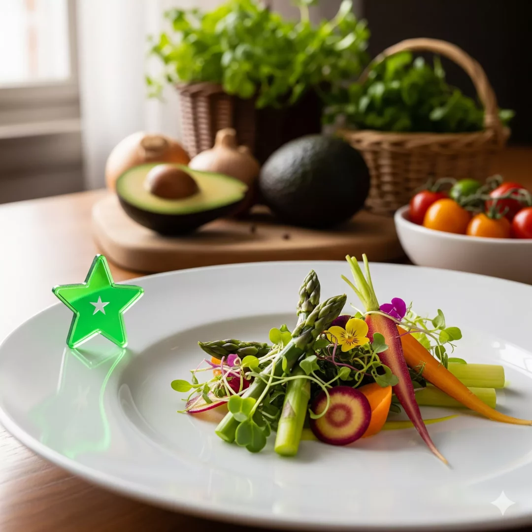 Grüner Michelin Stern Gericht mit frischem Gemüse, nachhaltig angerichtet auf weißem Teller