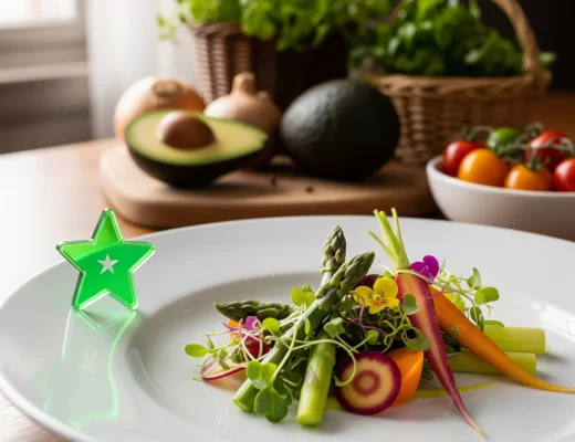 Grüner Michelin Stern Gericht mit frischem Gemüse, nachhaltig angerichtet auf weißem Teller