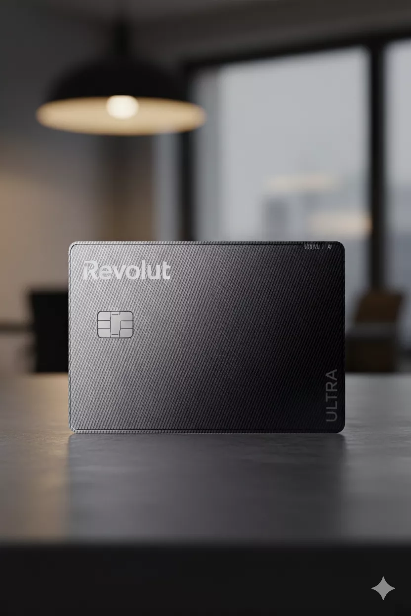 Revolut Ultra Karte in platinbeschichtetem Design auf einem Tisch – Premium-Bankkarte mit exklusivem Look.
