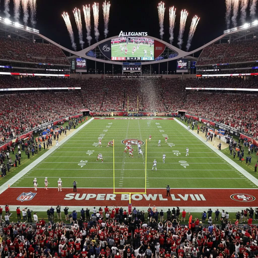 Stadionaufnahme beim Super Bowl mit voller Kulisse, Feuerwerk und laufendem Spielzug – Symbolbild für den Super Bowl 2026.