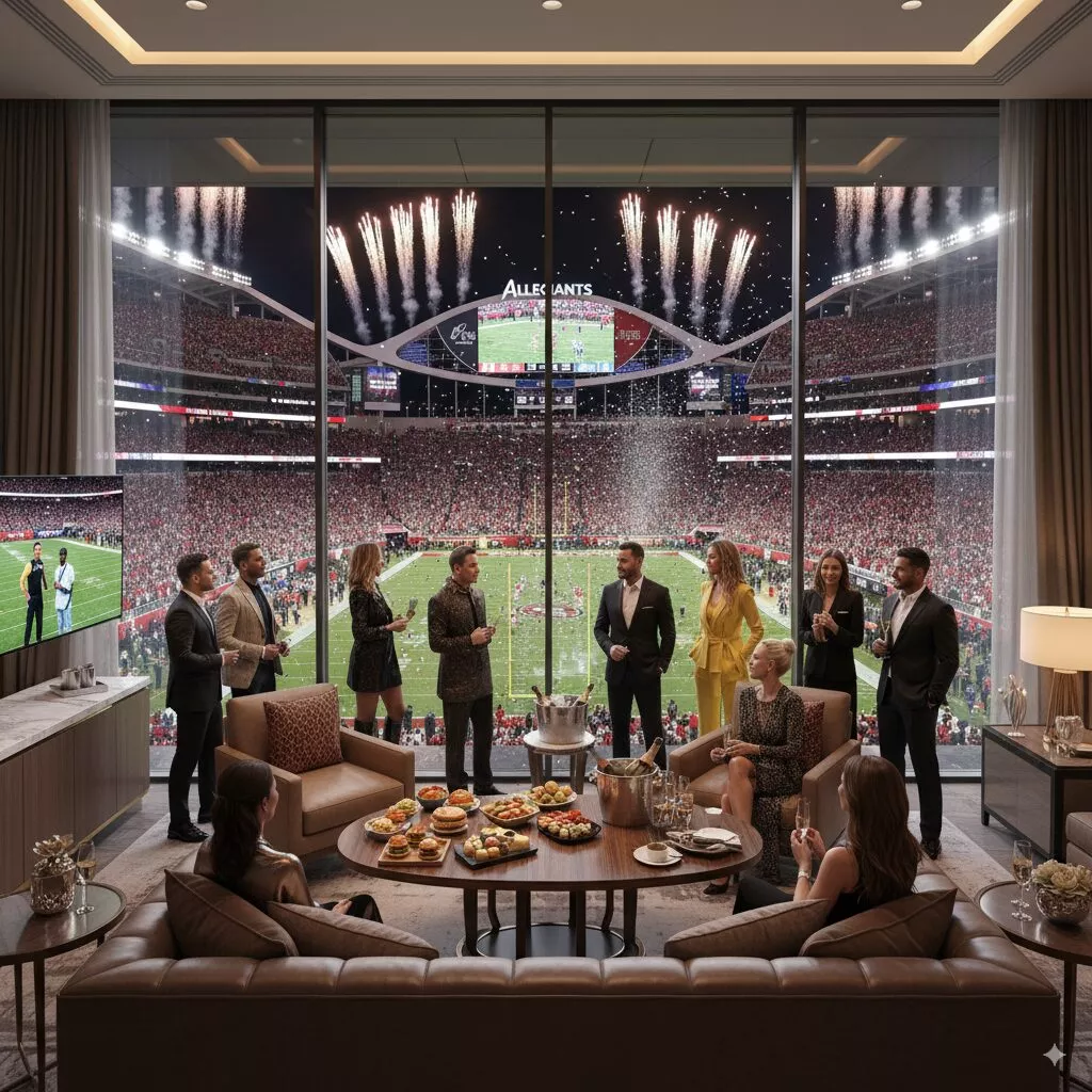 Exklusive VIP-Suite beim Super Bowl mit Blick aufs Spielfeld, Gästen in eleganter Abendgarderobe und luxuriösem Catering.