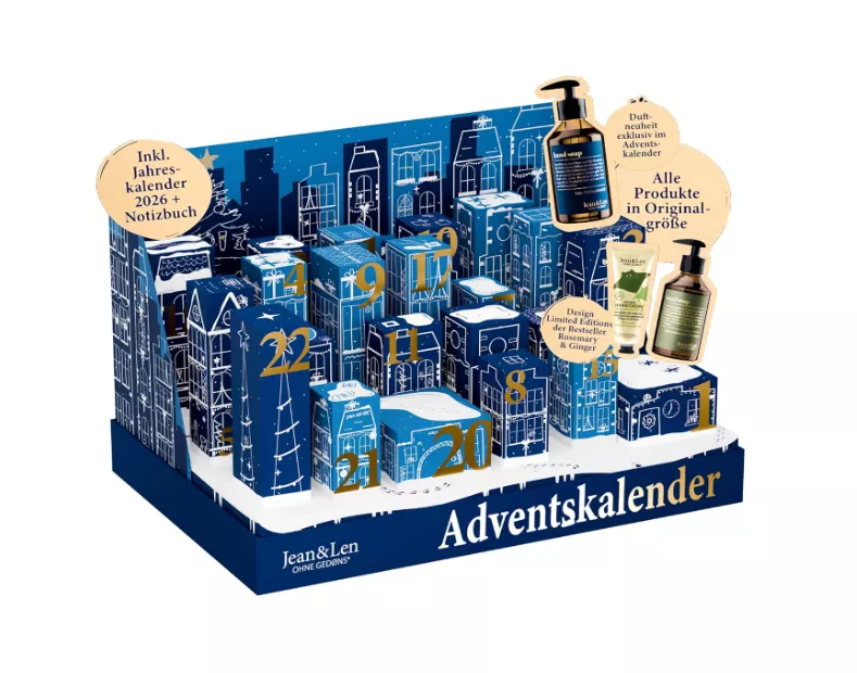 Jean & Len Adventskalender 2025 im blauen Stadt-Design mit 24 Türchen, gefüllt mit veganen Pflegeprodukten in Originalgröße