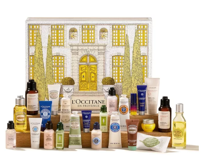 L’Occitane Adventskalender 2025 mit 24 Pflegeprodukten wie Handcremes, Duschölen, Seifen und Gesichtspflege in luxuriösem Design