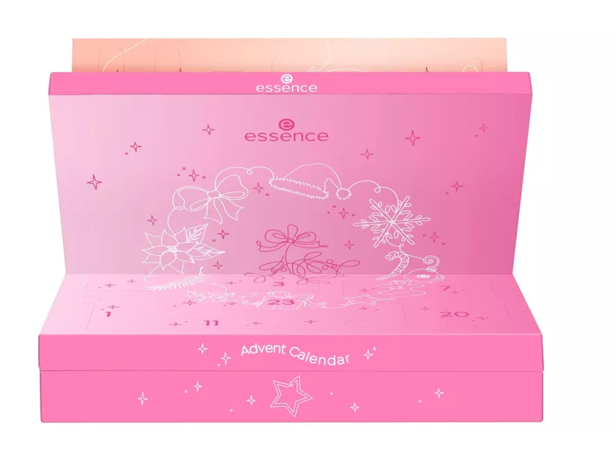 Essence Adventskalender 2025 in pinker Box mit 24 Türchen, gefüllt mit farbenfrohen Make-up-Produkten und Beauty-Tools