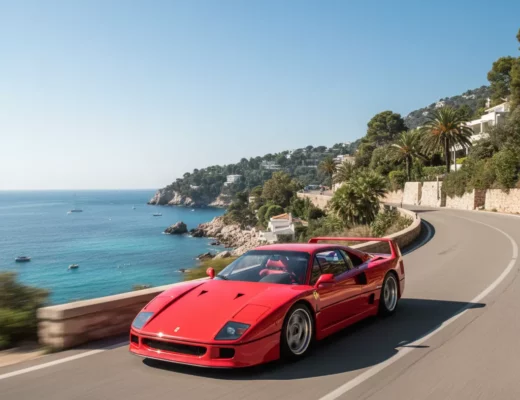 Ferrari F40 fährt an der Mittelmeerküste auf einer kurvigen Straße mit Meerblick