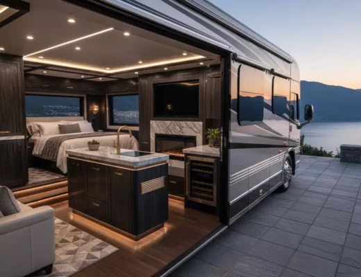 Luxuriöses Wohnmobil mit offenem Innenraum: Küche mit Marmor, Schlafzimmer und Panoramablick – Beispiel für teuerstes Wohnmobil der Welt 2025.