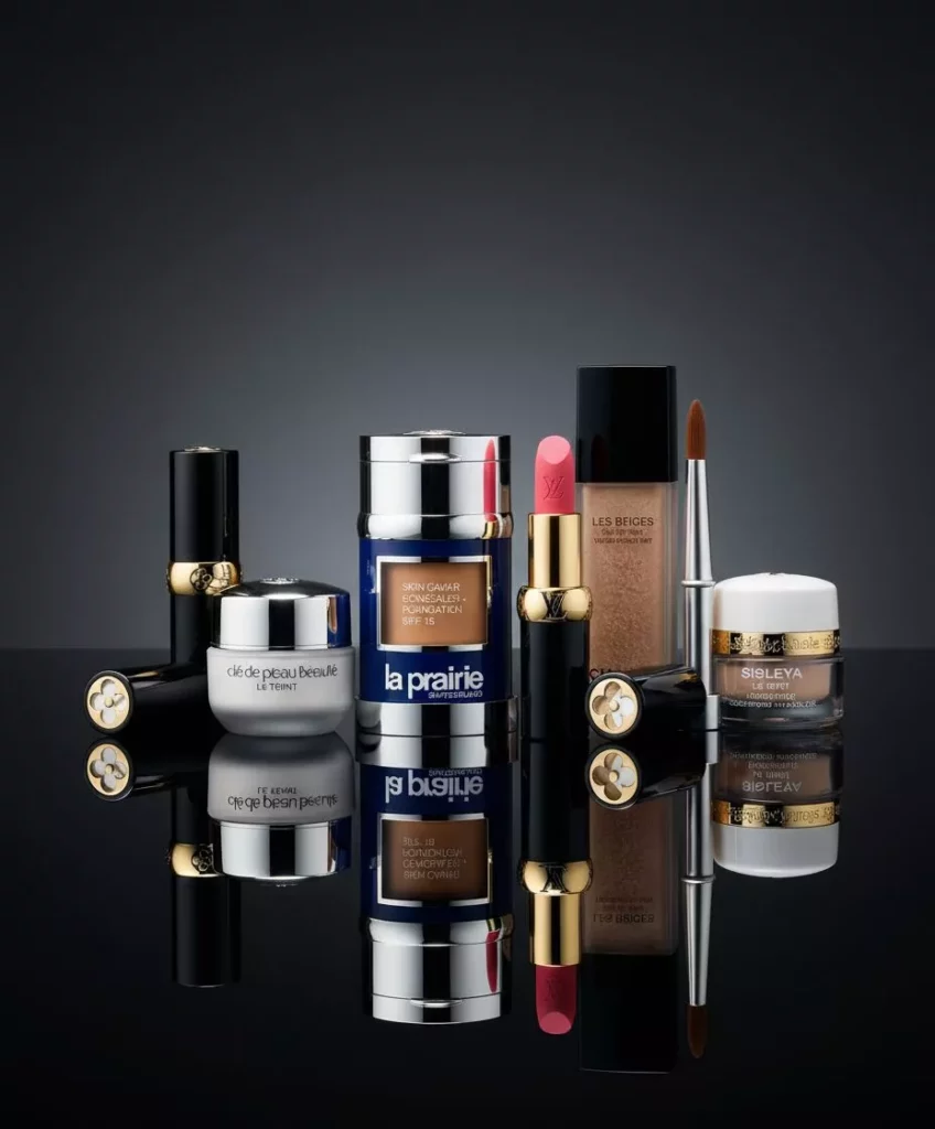 Teuerste Make-up-Marke der Welt – Ensemble aus La Prairie Skin Caviar Concealer–Foundation, Louis-Vuitton-Lippenstift, Chanel Les Beiges Eau de Teint mit Pinsel, Clé de Peau Beauté und Sisleÿa Le Teint auf spiegelnder, schwarzer Fläche.