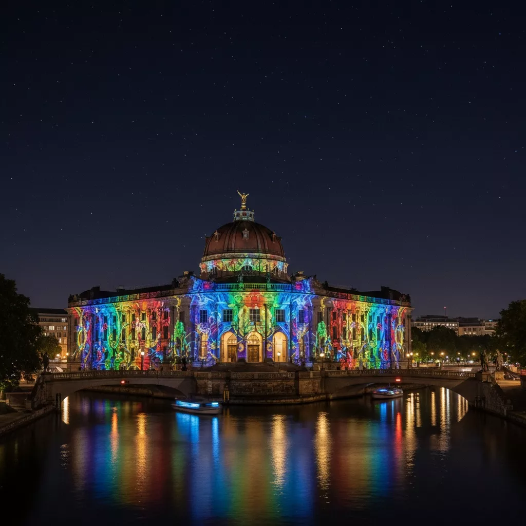 Illuminiertes Bode-Museum an der Spree während des Festival of Lights Berlin 2025 mit farbenfrohen Lichtprojektionen und Spiegelungen im Wasser.