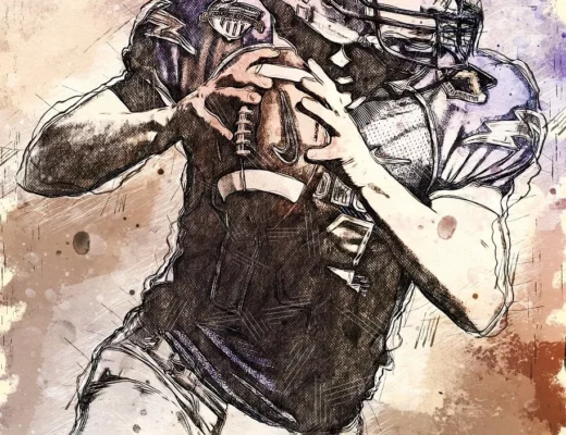 Illustration eines Quarterbacks im American Football, inspiriert vom Super Bowl 2026, in dynamischer Bewegung mit Ball.