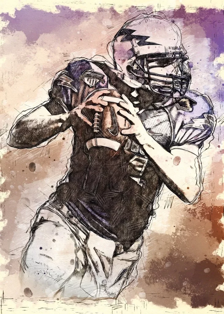Illustration eines Quarterbacks im American Football, inspiriert vom Super Bowl 2026, in dynamischer Bewegung mit Ball.