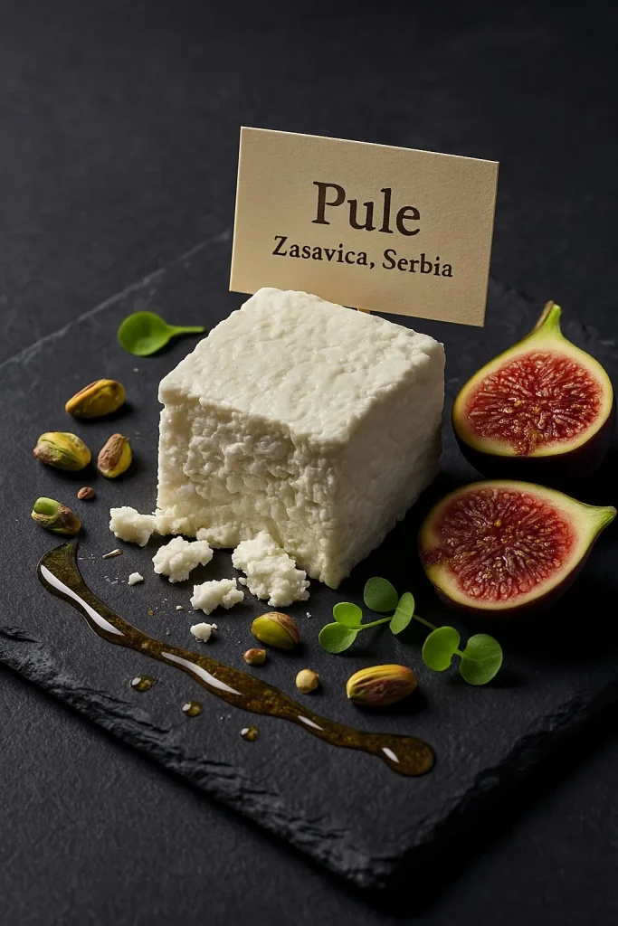 Teuerster Käse der Welt - Pule Käse aus Zasavica, Serbien – fotorealistisch auf Schiefer angerichtet mit Feigen, Pistazien, Honig und Microgreens.