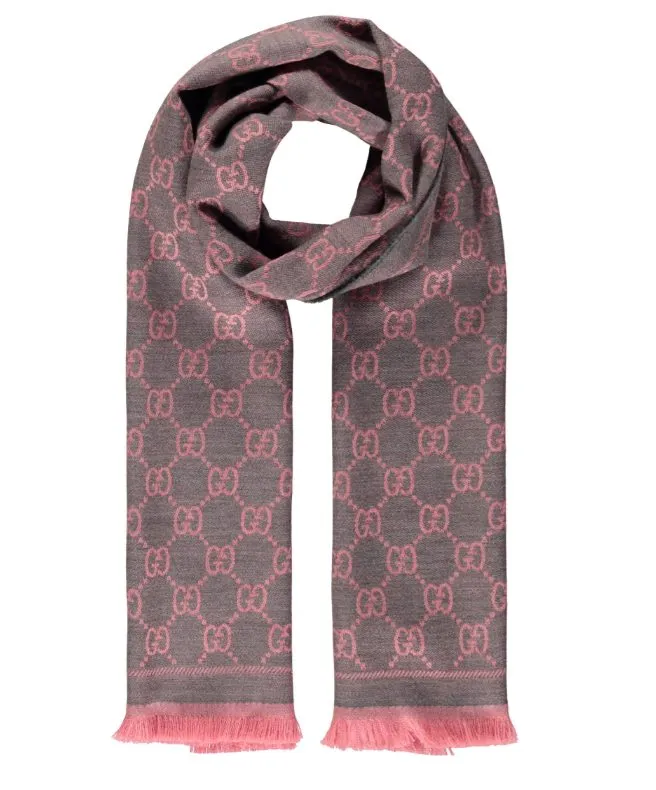 Gucci Schal Damen in Grau mit rosa GG-Monogramm und Fransen, weiches Woll-Seiden-Gemisch, rechteckige Form