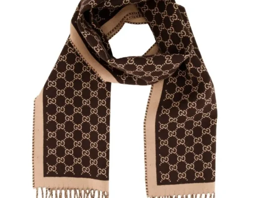 Gucci Schal braun mit GG-Monogramm und Fransen, beidseitig in Braun/Beige, hochwertiger Jacquard