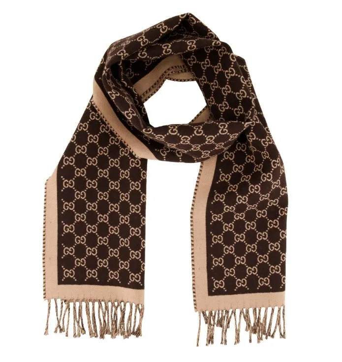 Gucci Schal braun mit GG-Monogramm und Fransen, beidseitig in Braun/Beige, hochwertiger Jacquard