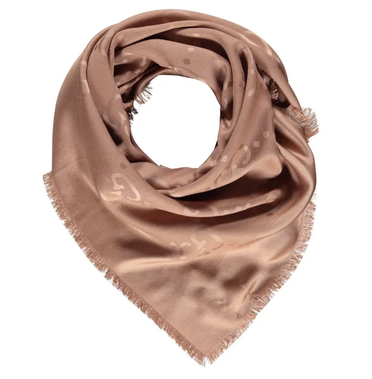 Gucci Tuch Damen aus Seide und Wolle in sandfarbenem Rosé-Beige mit Ton-in-Ton Logo und feiner Fransenbordüre