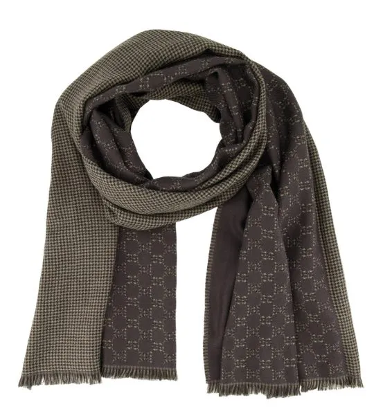 Gucci Herren Schal aus Wolle und Seide in Braun mit Hahnentritt- und GG-Muster, feine Fransen, hochwertiger Jacquard