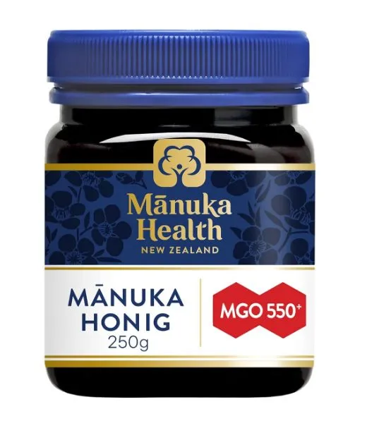 Manuka Honig MGO 550+ im 250-g-Glas von Manuka Health – dunkelbraunes Premiumglas mit blauem Deckel