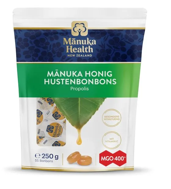 Manuka Honig Hustenbonbons mit Propolis im 250-g-Beutel, MGO 400+ Kennzeichnung, Sichtfenster mit Blister und Bonbons