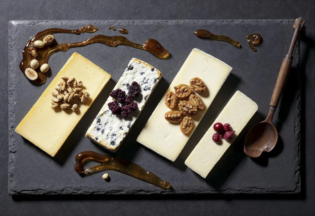 Teuerster Käse der Welt – elegante Käseplatte auf schwarzer Schiefer mit vier Käsestreifen (u. a. Blauschimmel, Hartkäse), garniert mit Nüssen, Beeren und Honig.