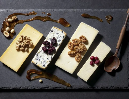Teuerster Käse der Welt – elegante Käseplatte auf schwarzer Schiefer mit vier Käsestreifen (u. a. Blauschimmel, Hartkäse), garniert mit Nüssen, Beeren und Honig.