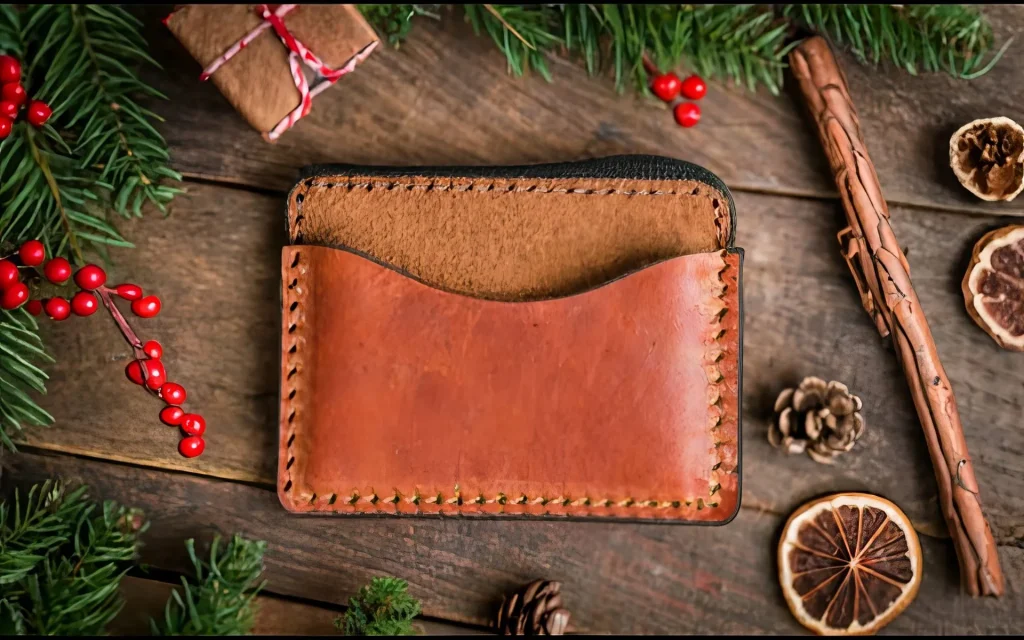 Handgefertigtes Lederkartenetui in warmem Braun, weihnachtlich dekoriert mit Tannenzweigen, roten Beeren und getrockneten Orangenscheiben