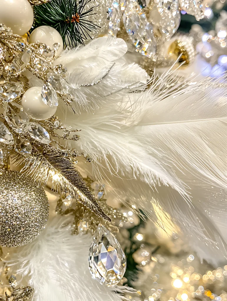 Luxuriöse Adventsdekoration mit weißen Federn, goldenen Ornamenten und funkelnden Kristallanhängern.