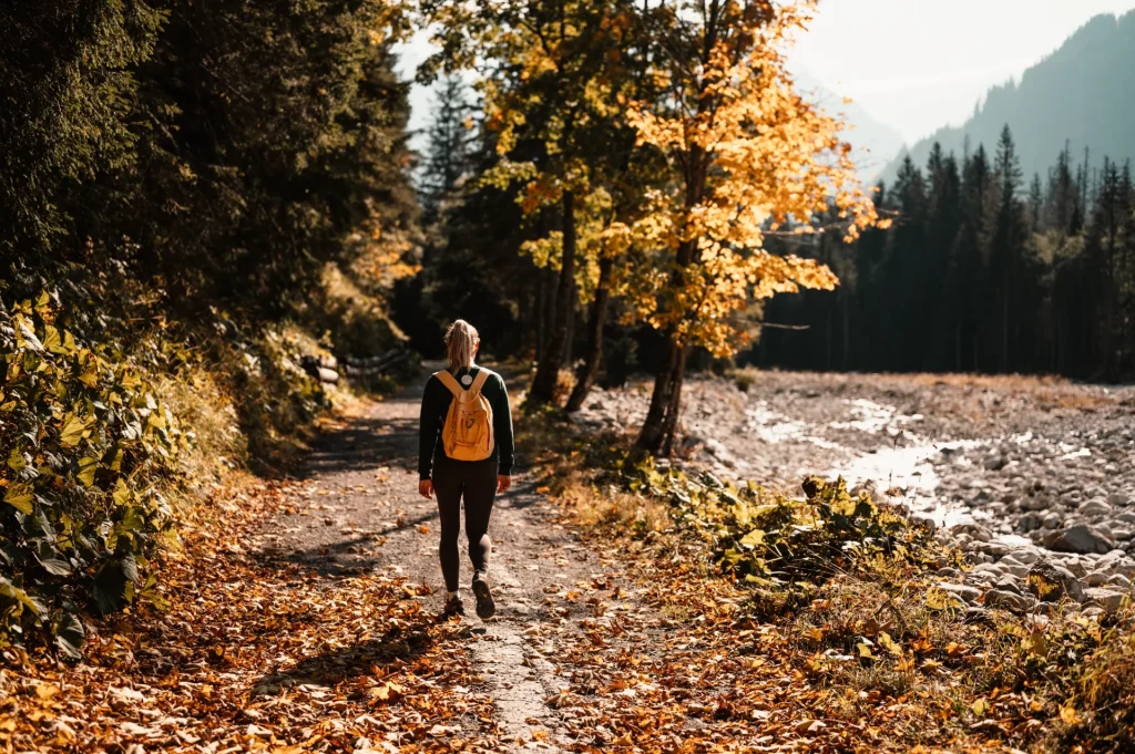 Person wandert im Herbst über einen Laubweg entlang eines Wald- und Flussufers.