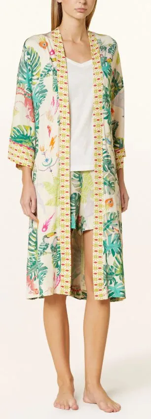 Gemusterter Kimono in heller Farbpalette mit floralen und grafischen Motiven