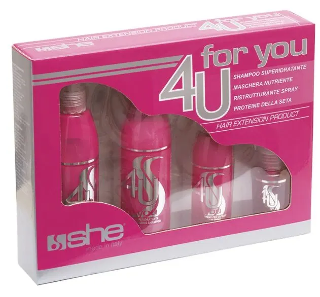 Pflegeset für Hair Extensions der Marke SHE 4U mit Shampoo, Maske und restrukturierendem Spray in einer pinken Verpackung.