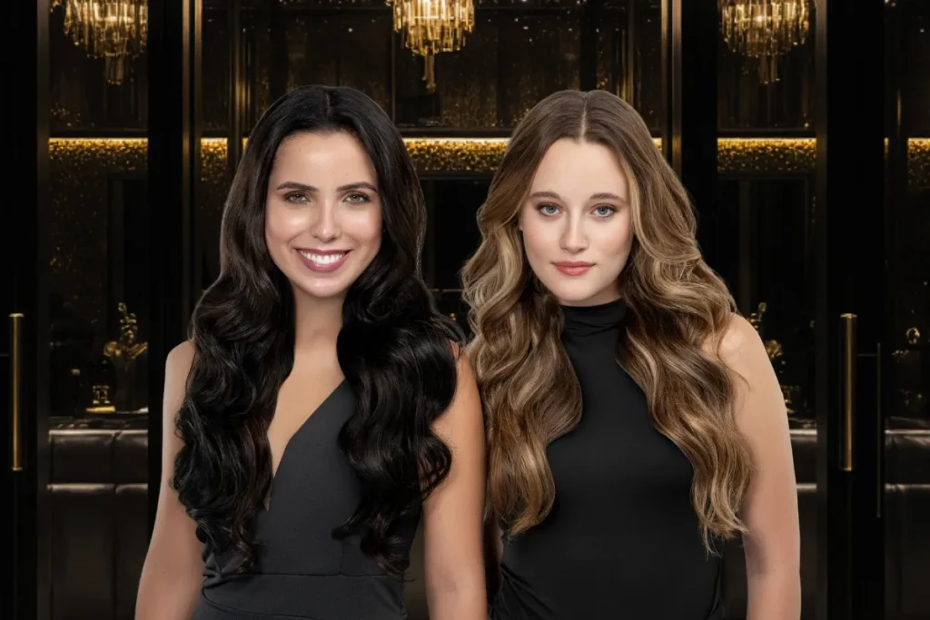Zwei Frauen mit langen, voluminösen Hair Extensions in dunklem und hellbraunem Blondton vor einem eleganten, dunklen Saloninterieur.