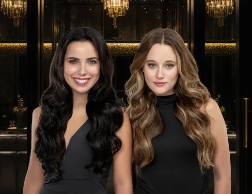 Zwei Frauen mit langen, voluminösen Hair Extensions in dunklem und hellbraunem Blondton vor einem eleganten, dunklen Saloninterieur.